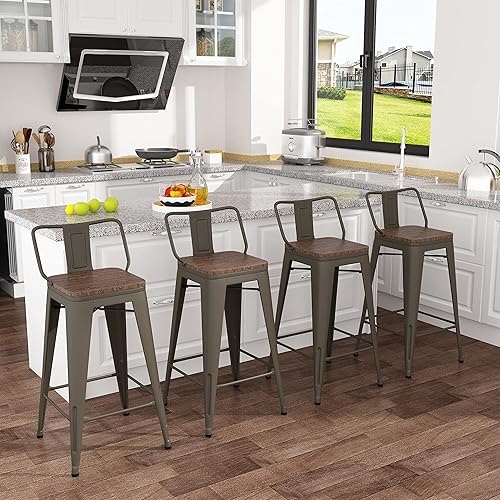 Miniatura 9 de Tongli Juego de 4 taburetes de bar de metal, taburetes de bar de altura de mostrador con respaldo, taburete de bar industrial para interiores