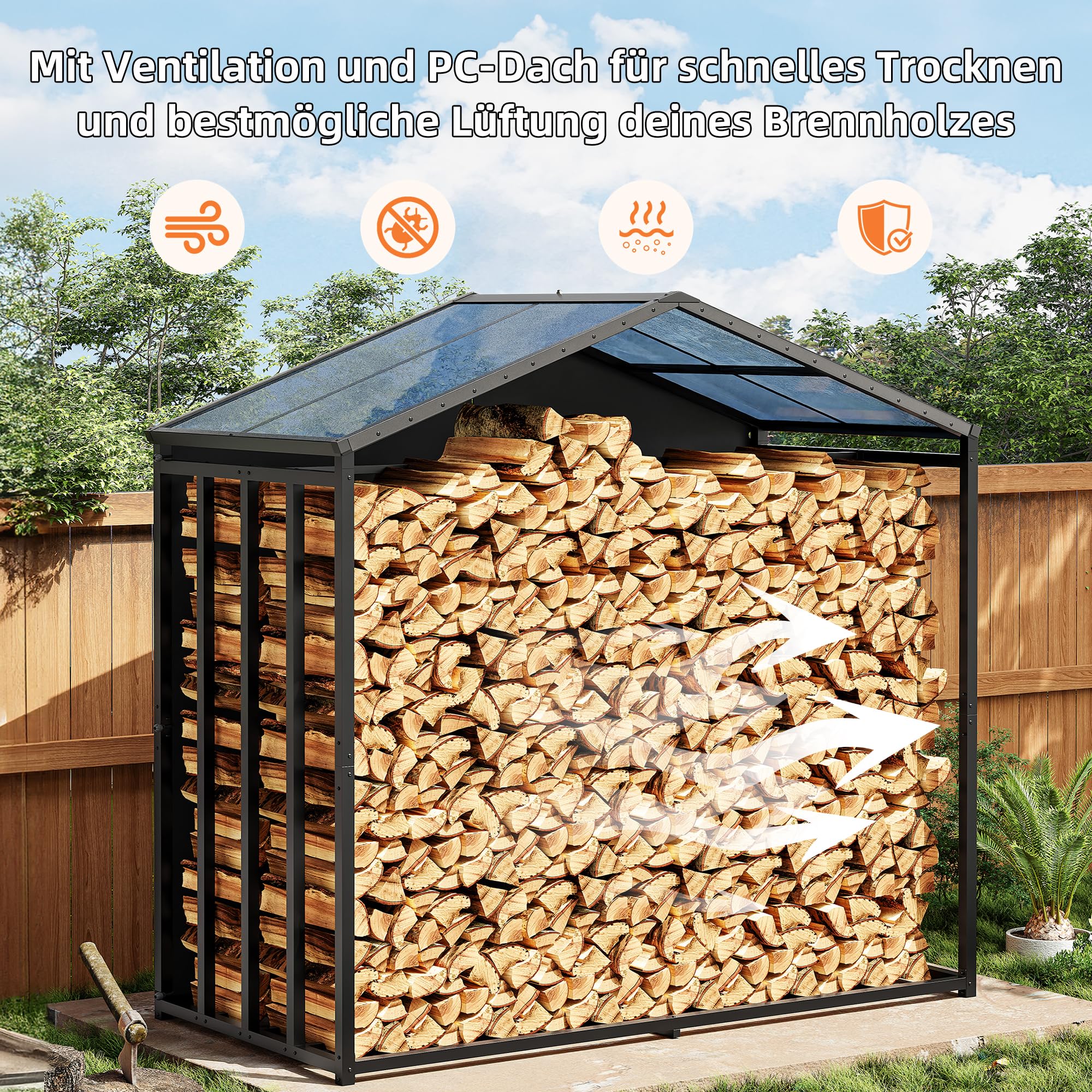 Amopatio Kaminholzregal aussen XXXL–187x105x190cm, Brennholzregal außen mit Abdeckung 5,3SRM / 3,5m³, Metall Holzstapelhilfe, Stahlrahmen & Polyester-Dach, Garten Holzlager, Holzunterstand, Anthrazit