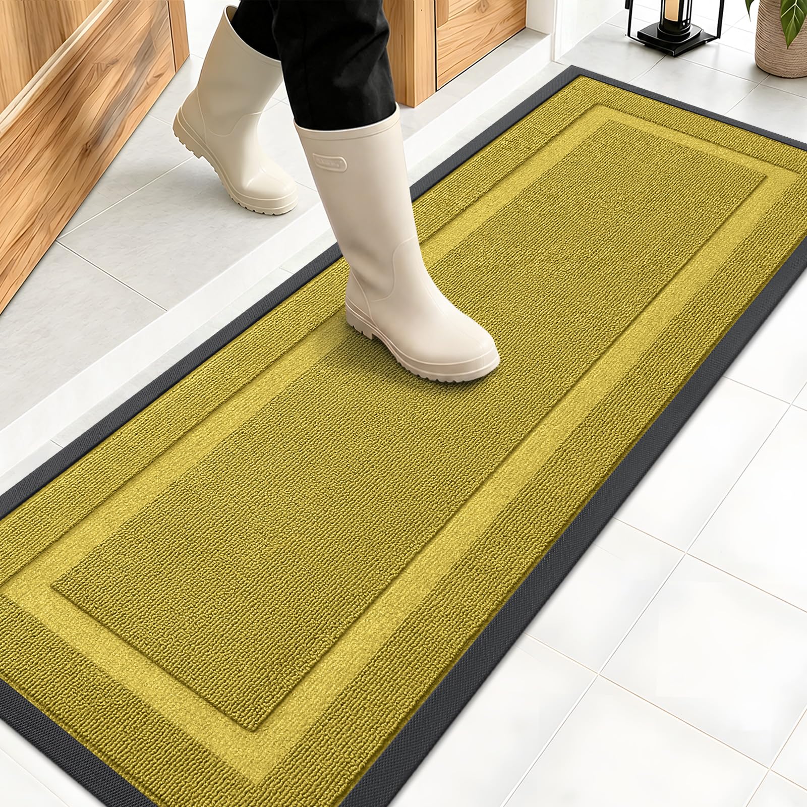 OLANLY Front Door Mat Outside 47x17, All-Season Heavy-Duty Rubber Doormat | Lime Green, Absorbent, Stain Fade Resistant, Waterproof Non-Slip Backing, Low-Profile Indoor Outdoor Floor Mat for Entryway