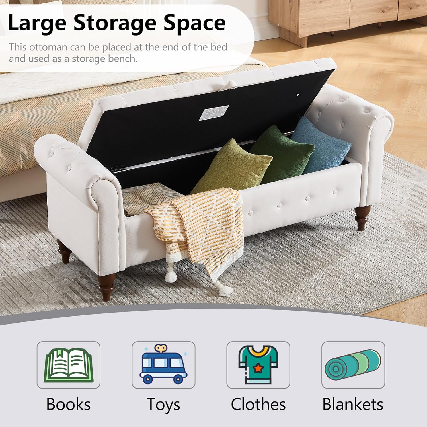 GNIXUU 63" End of Bed Storage Bench for Bedroom, Upholstered End of Bed Bench, Ottoman Seat with Storage for Living Room, Window, Entryway, Beige White Polyester