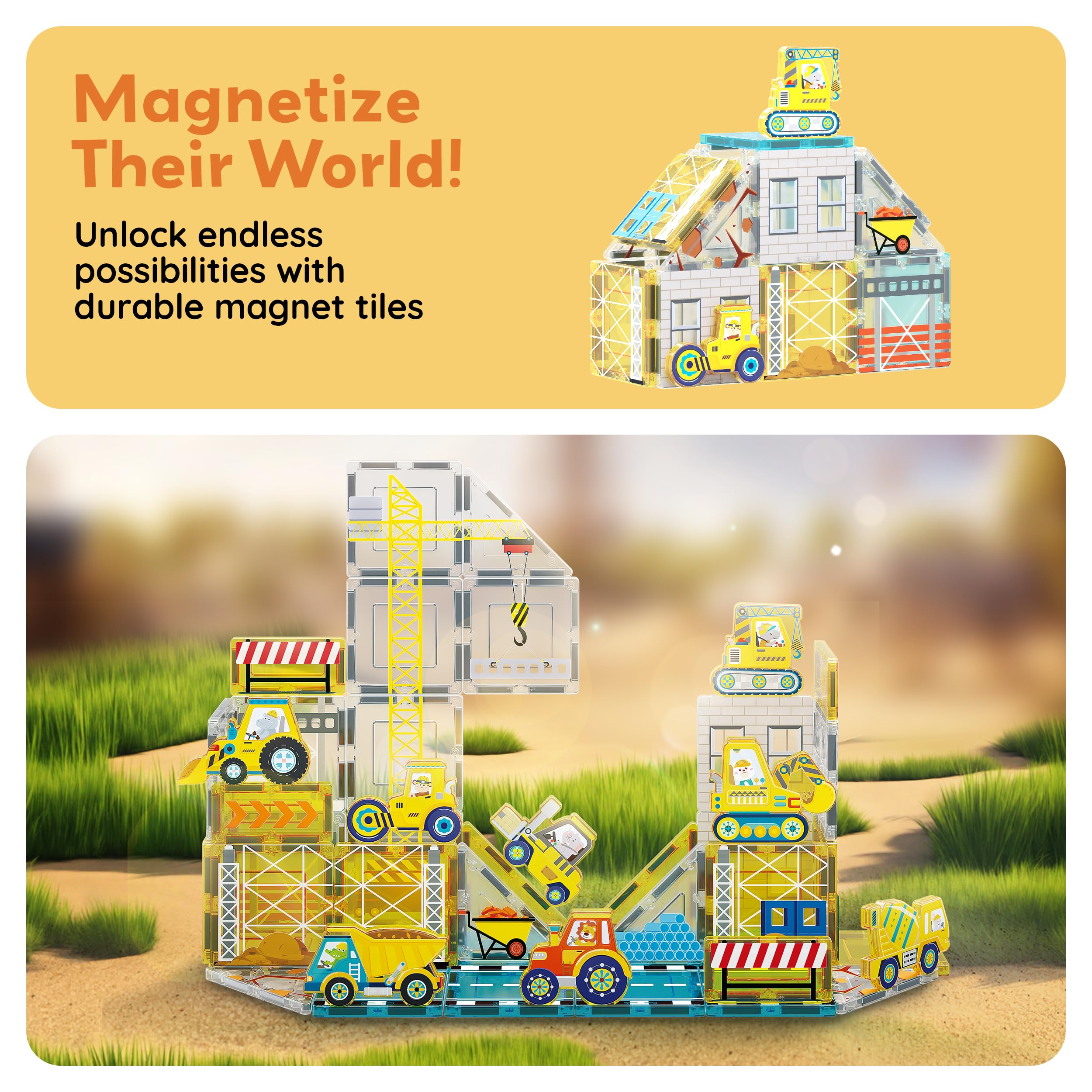 PicassoTiles Magnetfliesen-Baustein-Set mit 8 Baufahrzeugen Kurbelwagen, Bagger, Bullsdozer, Straßenwalze, Betonmischer, Traktor, Muldenkipper, Gabelstapler, Magnetspielzeug für Kinder ab 3 Jahren,