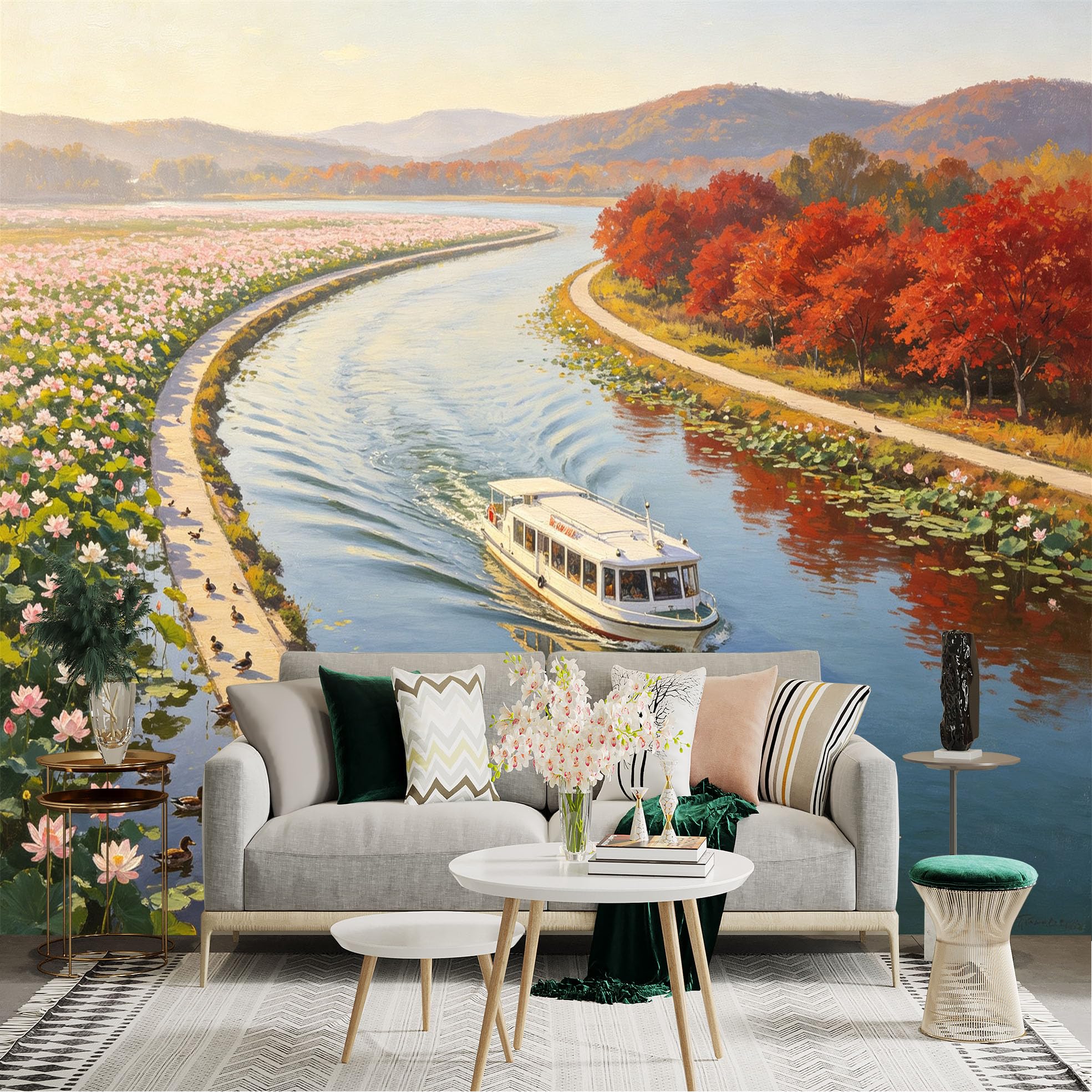 Custom Size Wall Sticker Mural， Scenic River Cruise with Blooming Lotus and Autumn Trees， for wall Decoration， peelandstick wall Decals.
