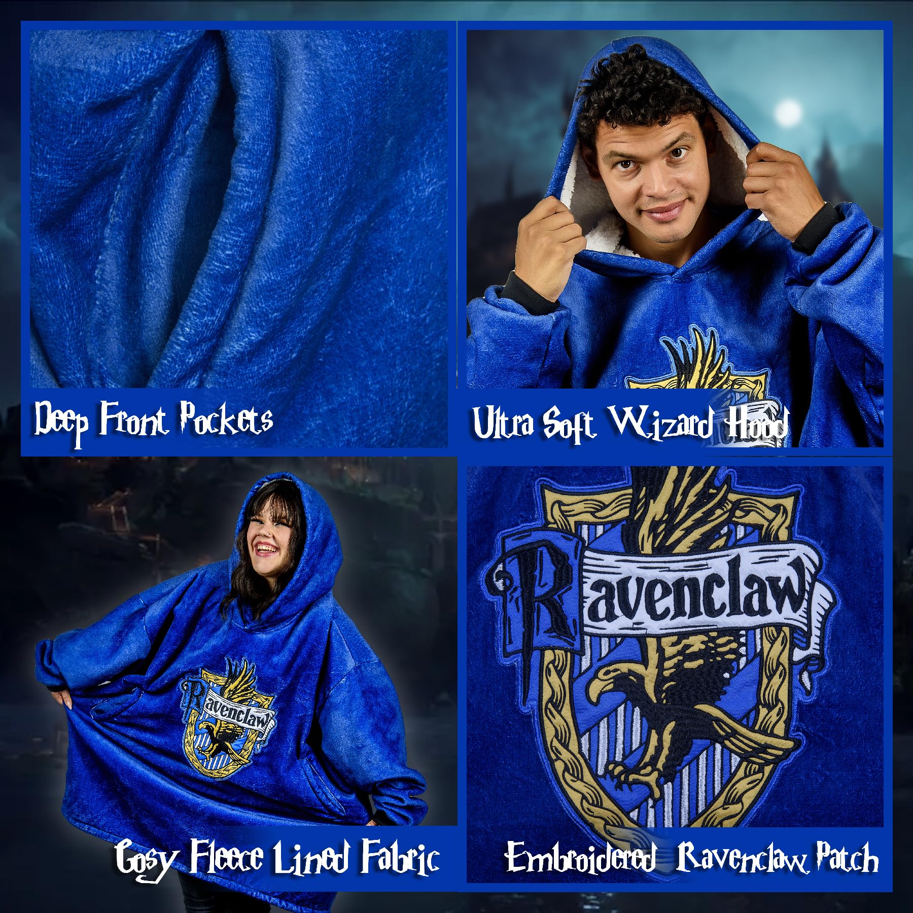 Coperta con cappuccio e tasca di Harry Potter, design con stemma della casa di Corvonero, in pile oversize indossabile con cappuccio e tasca, regali HP per donne, adulti e bambini
