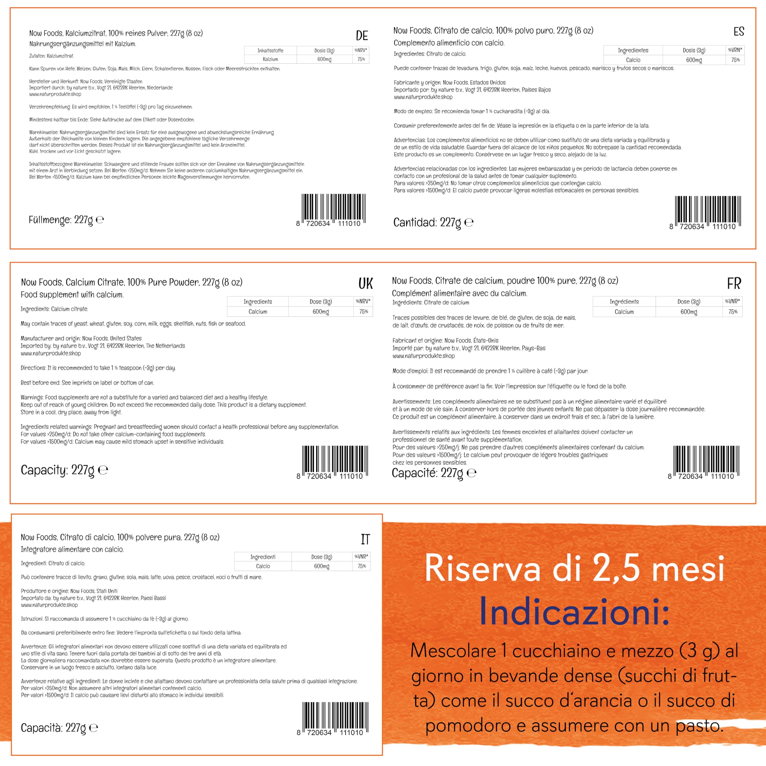 Now Foods, Calcium Citrate, Polvere Pura, 227 g, Testato in Laboratorio, Calcio, Senza Soia, Senza Glutine, Vegetariano