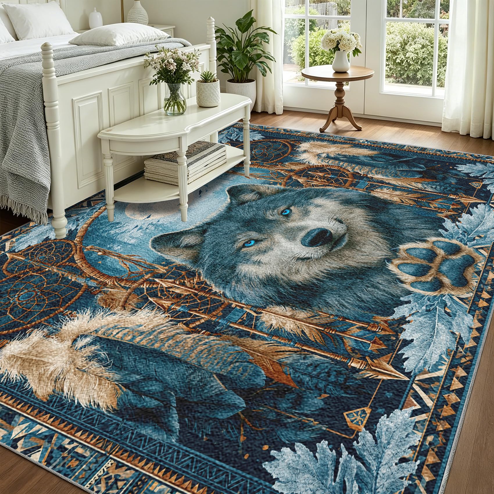 Teppich Wolf Native American Teppiche Schlafzimmer 100x150 Traumfänger | für Schlafzimmer Bettvorleger, Weicher Waschbarer & Kurzflor Rutschfester