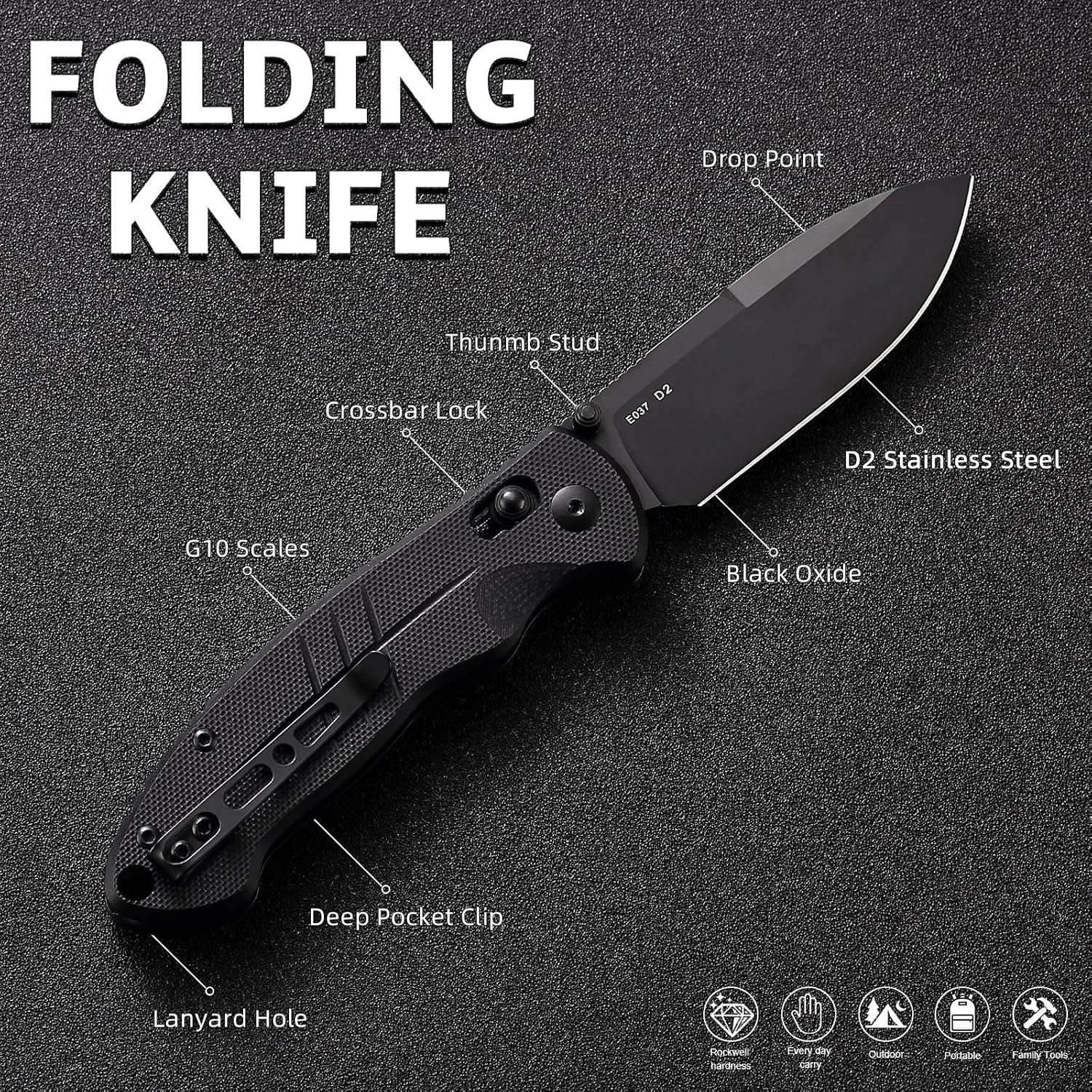 D2 Steel Folding Pocket Knife with Reversible Clip: 3.14" Drop Point Blade, Crossbar Axis Lock, G10 Handle, EDC Knives Camping for Men Women E037, Black