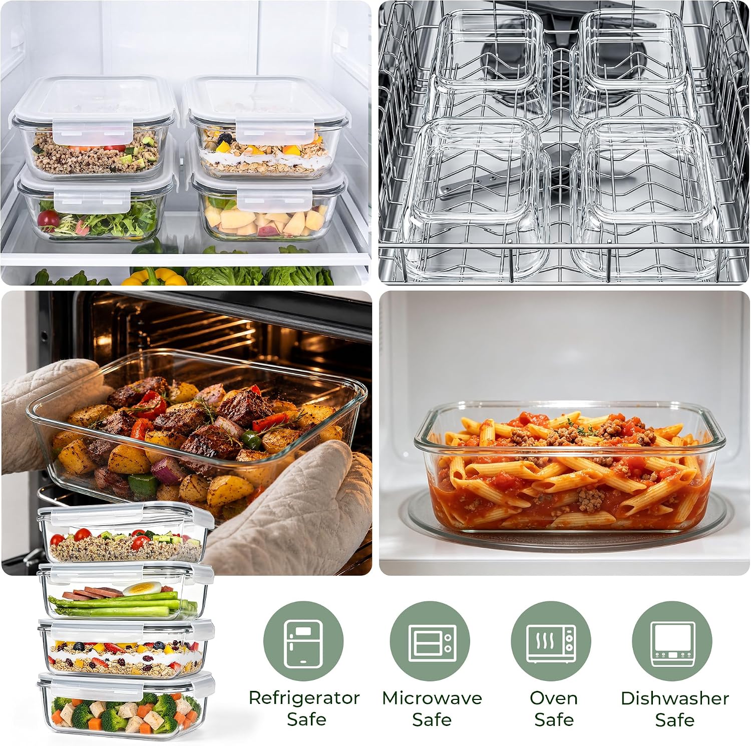 LOVYANXUE 4 Pack 52oz Large Glass Food Storage Containers with Lids, Glass Storage Containers Set with Airtight Lid, Meal Prep Containers for Storing, Baking, Freezer, Microwave & Oven Safe, BPA-Free