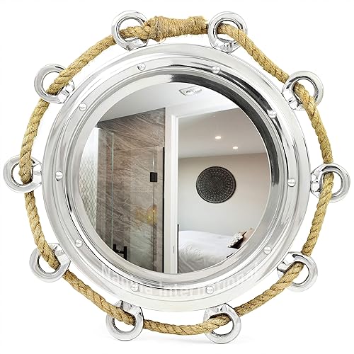 Miniatura 4 de Nagina International Reloj náutico de aluminio niquelado para decoración de pared marítima de pirata con cuerda de acento  Reloj de ojo de buey y
