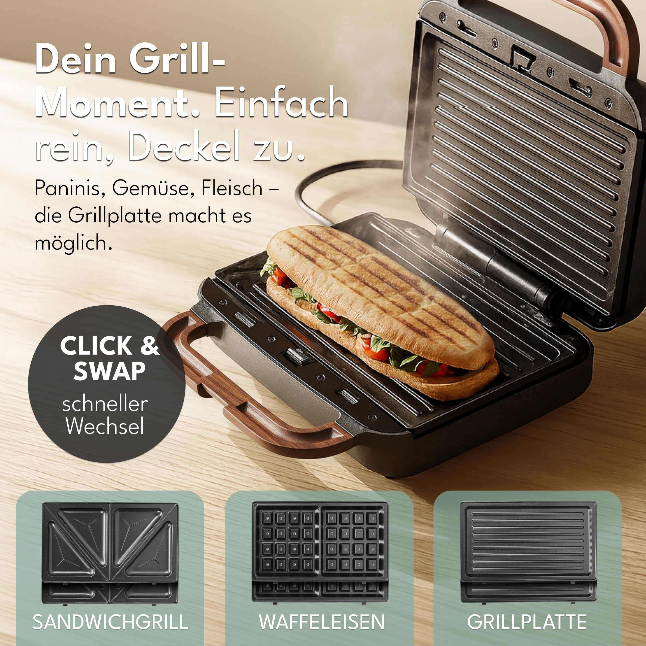 LEBENLANG Sandwichmaker 3 in 1 750W z 3 Einsätzen für Grill, Sandwich & Waffeln