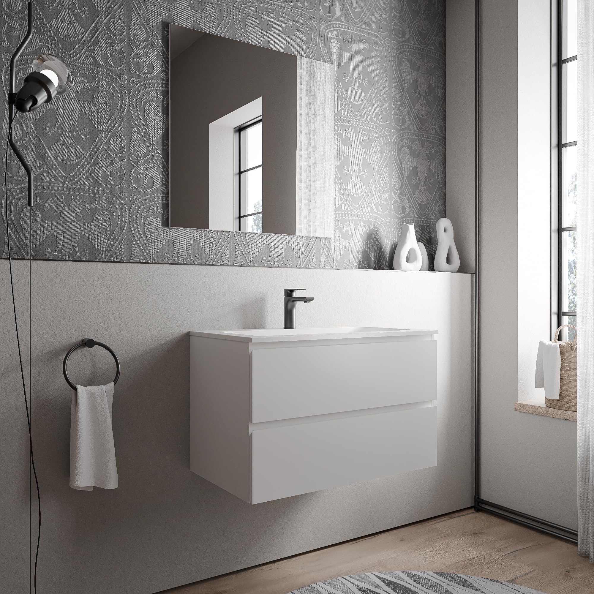 BERNSTEIN Badmöbel-Set Ava 80cm bestehend aus Mineralguss-Waschbecken mit Unterschrank in Weiß matt, Waschtisch BRUXELLES - Weiß matt mit Hahnloch, Ideal für mittelgroße Bäder und Badezimmer