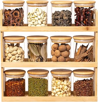 Basicwise Versatile 3-Tier Bamboo Spice Rack and Pantry Organizer with 12 Glass Jars Perfect for Countertop Storage in Kitchens to Keep Seasoning Containers Neatly Displayed and Easily Accessible
