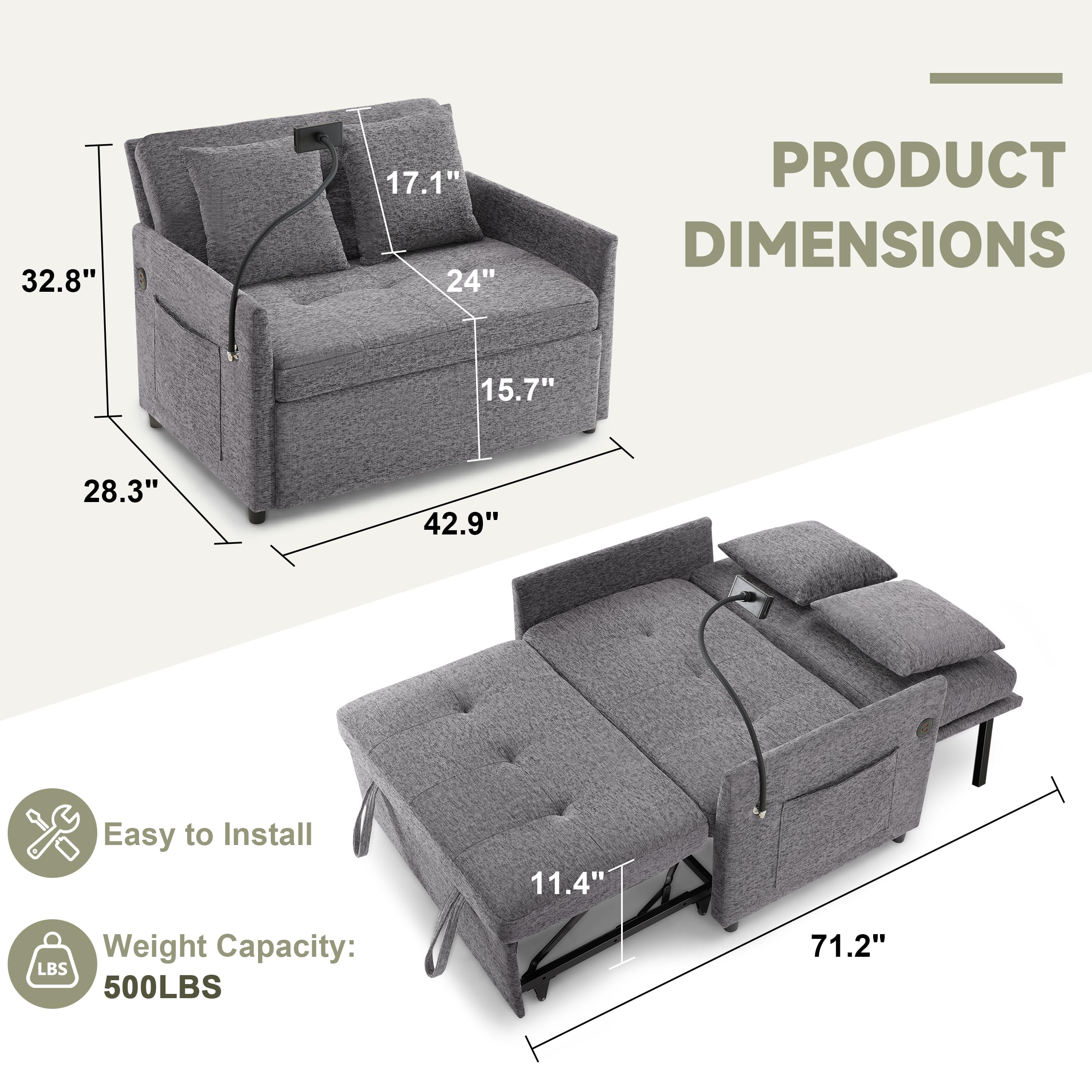 Loveseat Sleeper Sofa Convertible Sofa Bed, Pull out couch, Dark Grey | 3 in 1 couch bed with Phone Holder, Futon Sofa Bed with USB and Type-C Ports for Living Room, Adjustable Backrest