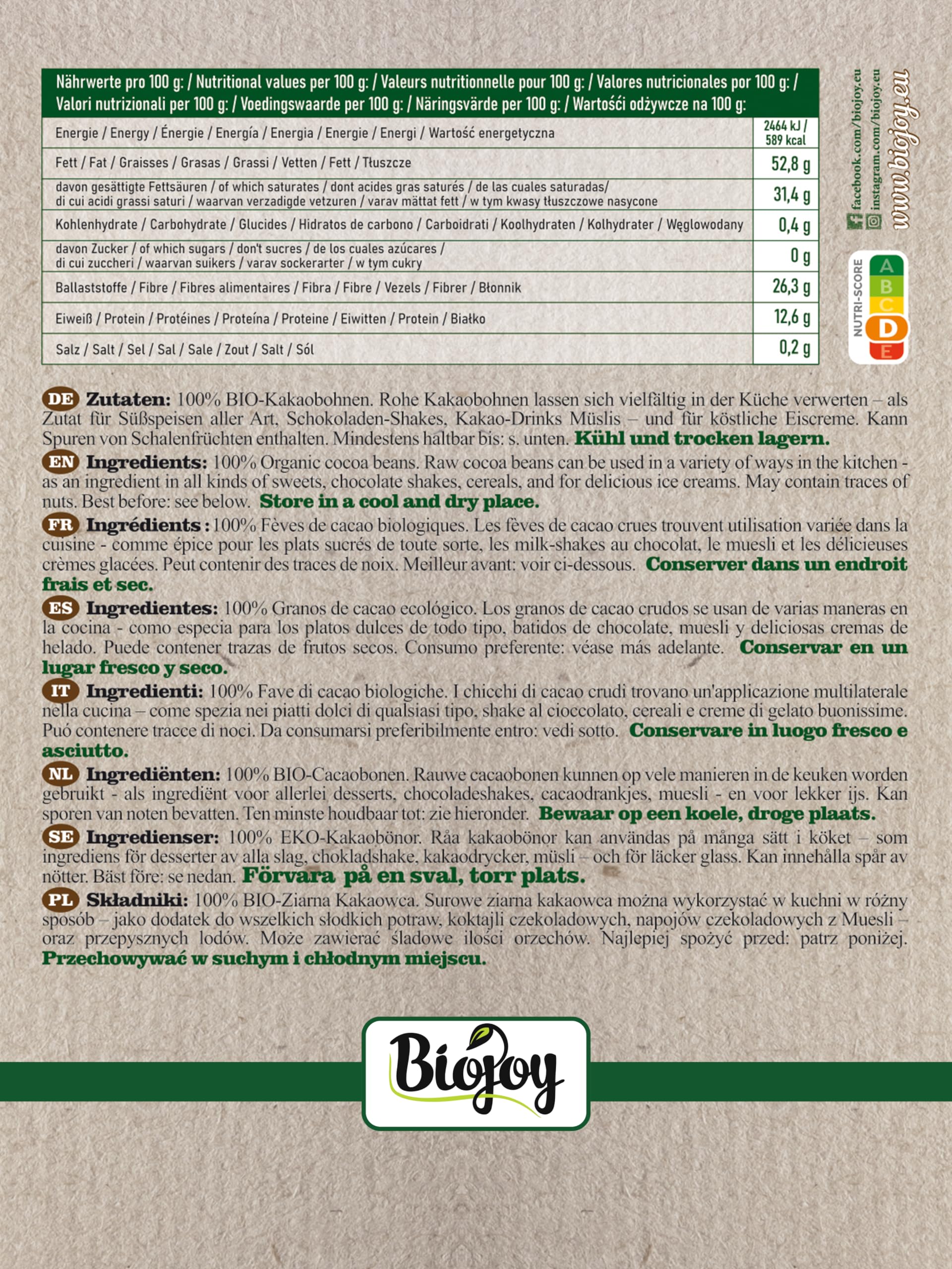 Biojoy BIO-Ziarna kakaowca 1 kg surowe całe bez dodatku cukru Theobroma cacao