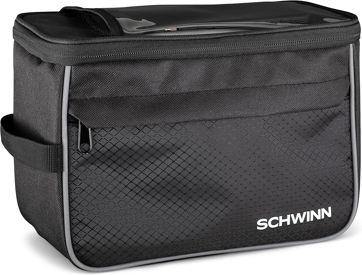 Schwinn Handlebar Bag for Bicycles, Black, Touch-Screen Compatible Smartphone Pocket, Easy Installation, Storage for Phone, Wallet, Keys and More, Bike Handlebar Bag