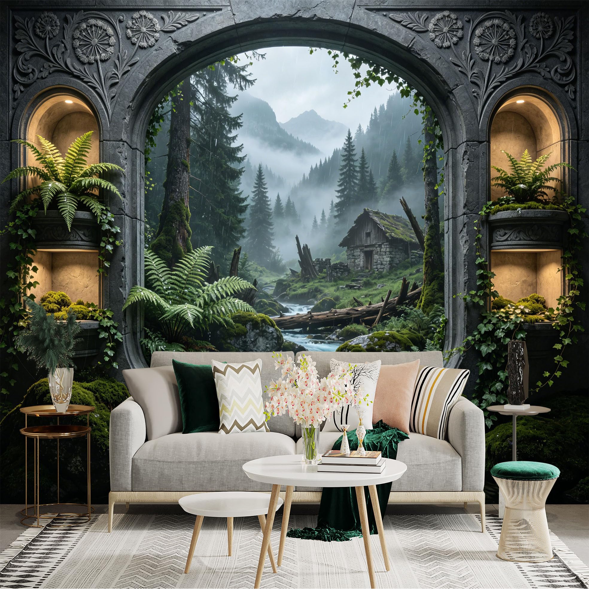 Custom Size Wall Sticker Mural， Misty Forest Stream with Stone Arch and Cabin， for wall Decoration， peelandstick wall Decals.