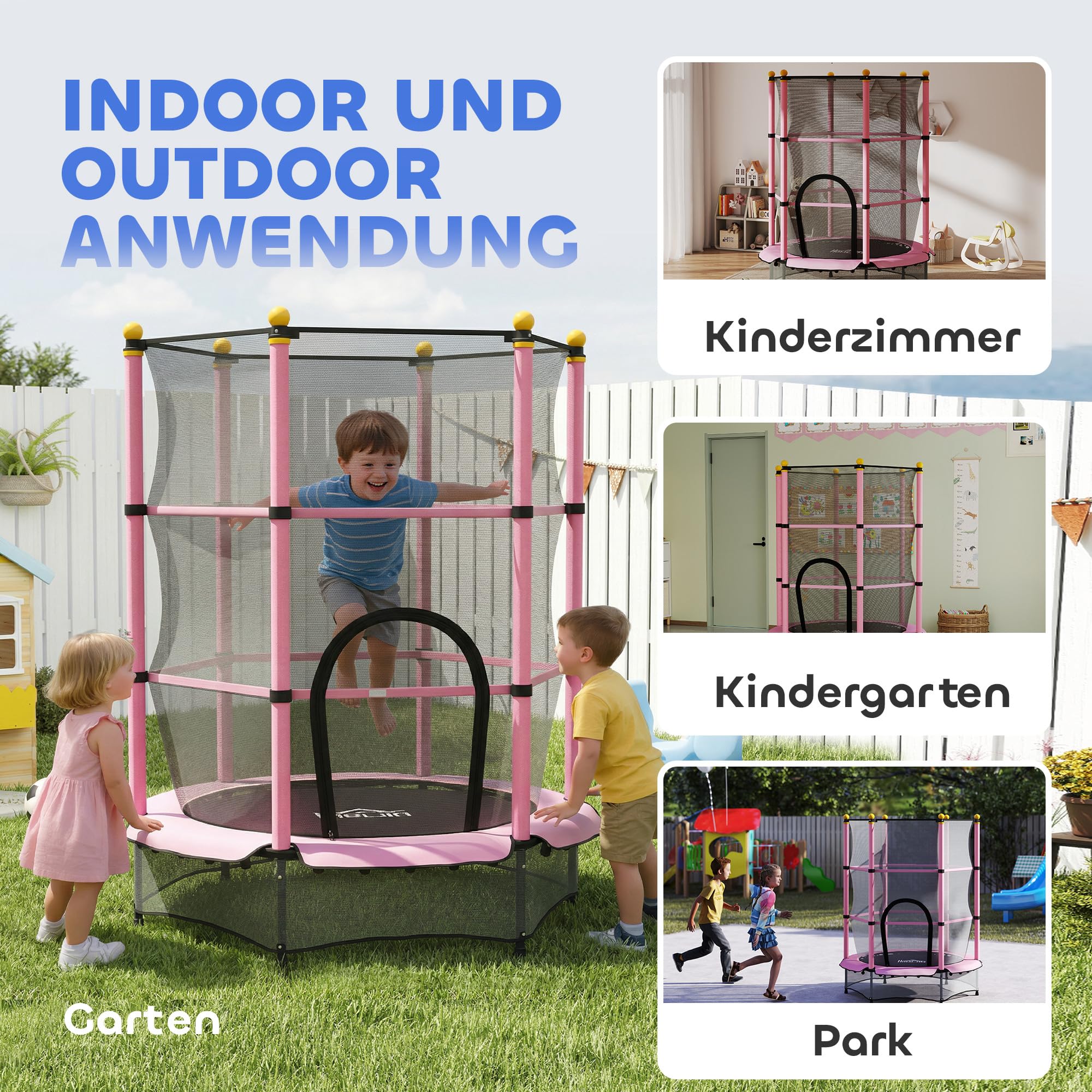 HOMCOM Kindertrampolin Ø140 cm, Trampolin mit Sicherheitsnetz, Randabdeckung, Gartentrampolin für Kinder 3-10 Jahre, bis 50 kg belastbar