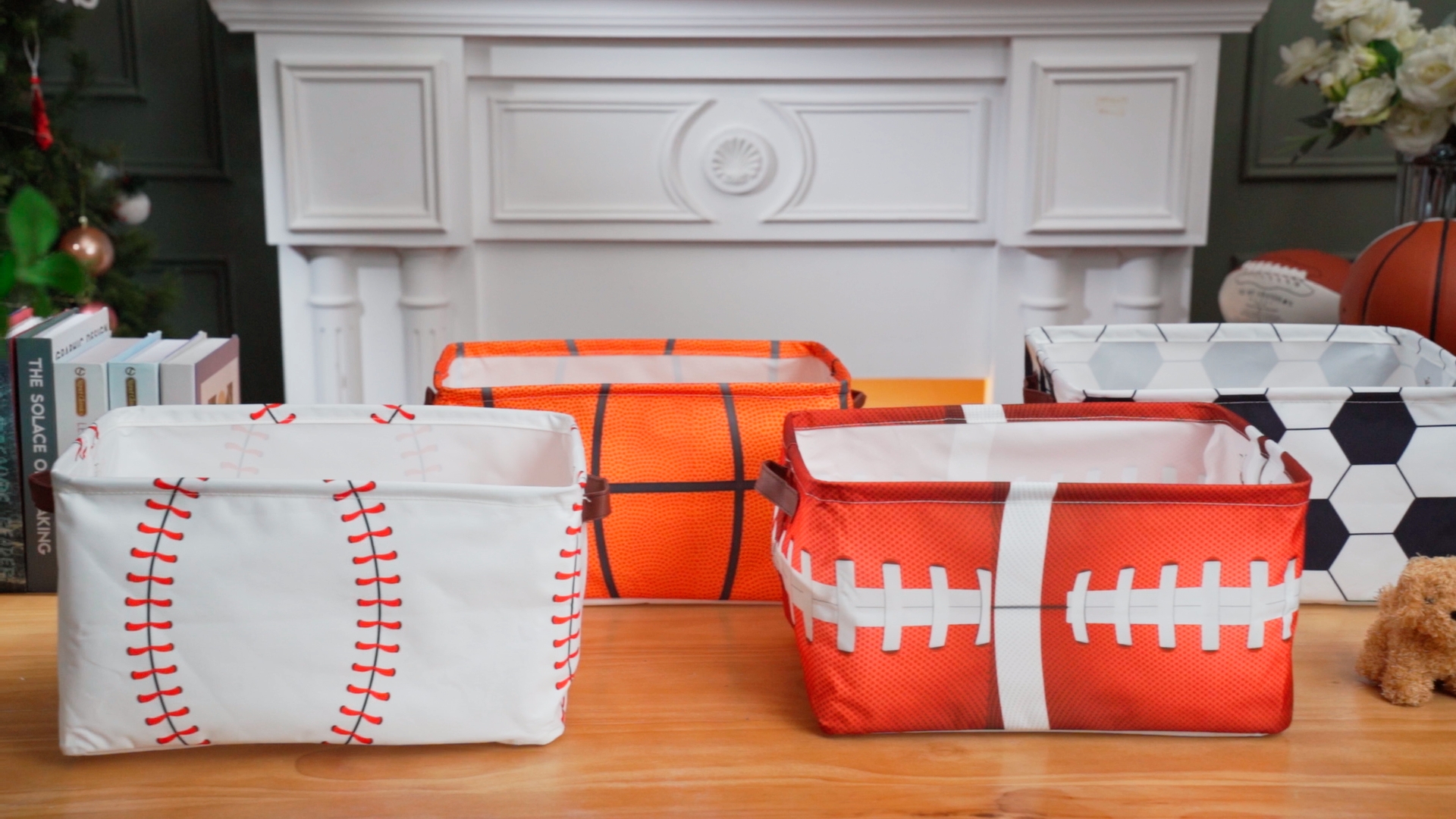 3-Pack Football Storage Baskets – Collapsible Canvas Bins With Handles, Waterproof, For Toys, Books, Nursery