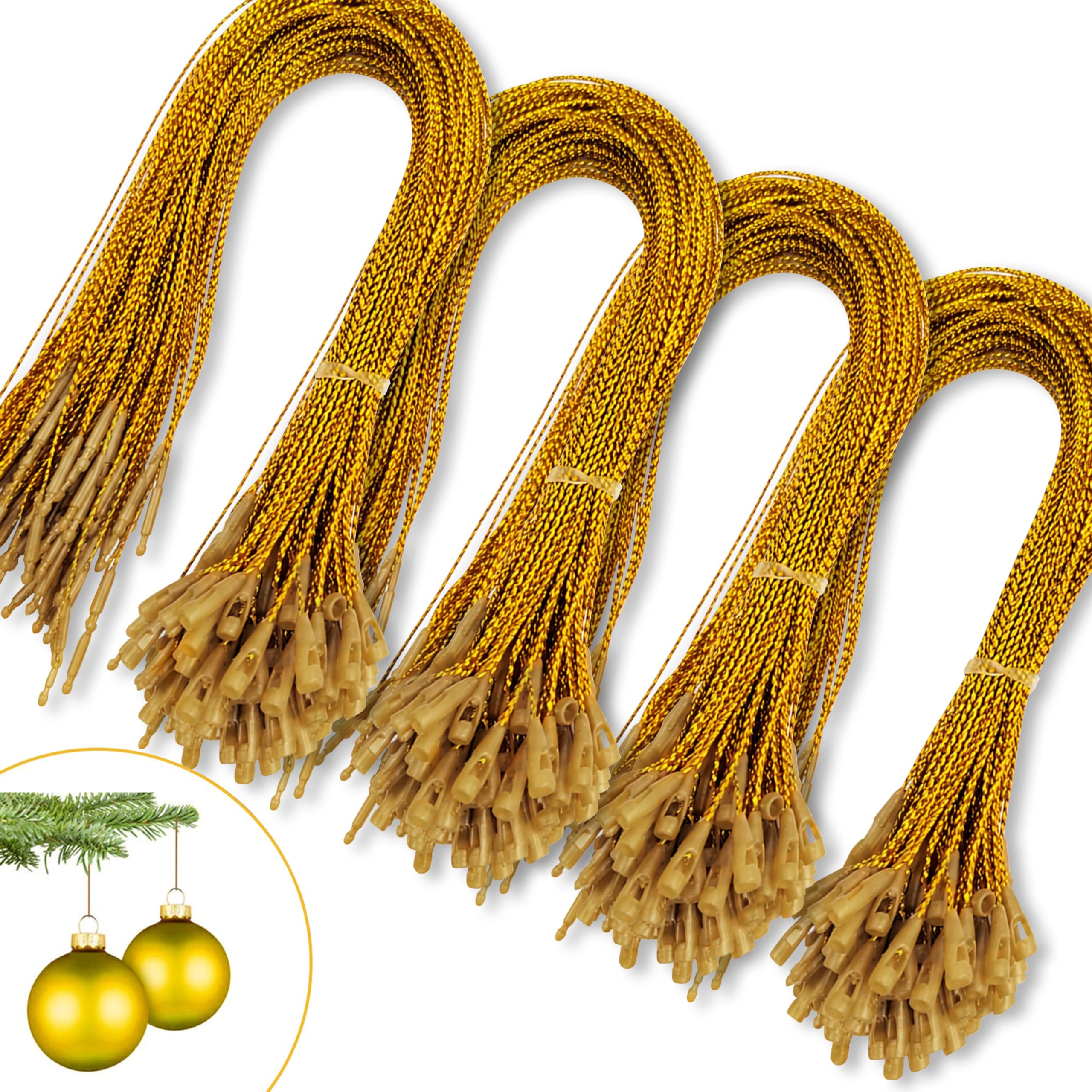 400pcs Christmas Ornaments String Hanger Gold Precut Ribbon Hook for Christmas Tree Ornament Decorations with Snap Fastener