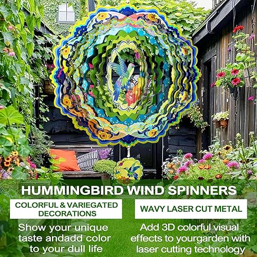 Miniatura 8 de Molinillos de viento colgantes de colibrí, molinillo de viento 3D, escultura de viento de metal de 12 pulgadas, atrapa viento de acero inoxidable
