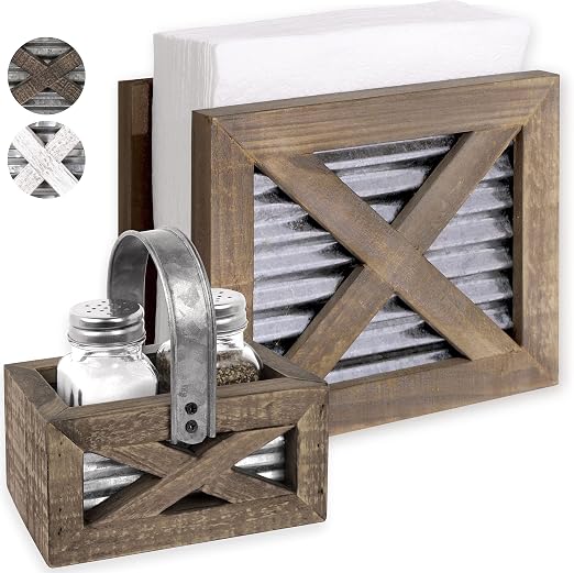 Autumn Alley Farmhouse Napkin Holder and Adorable Farmhouse Salt and Pepper Shakers Set With Wood Holder - Western Kitchen, Galvanized Metal - Upright Rustic Napkin Holder Rustic Kitchen Décor (Brown)