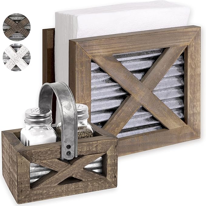 Autumn Alley Farmhouse Napkin Holder and Adorable Farmhouse Salt and Pepper Shakers Set With Wood Holder - Western Kitchen, Galvanized Metal - Upright Rustic Napkin Holder Rustic Kitchen Décor (Brown)