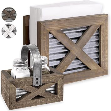 Autumn Alley Farmhouse Napkin Holder and Adorable Farmhouse Salt and Pepper Shakers Set With Wood Holder - Western Kitchen, Galvanized Metal - Upright Rustic Napkin Holder Rustic Kitchen Decor Brown