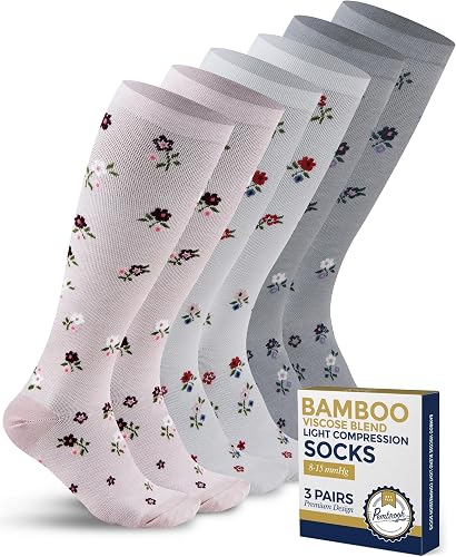Pembrook Bamboo Viscose Light Compression Socks - 3 Pairs | 8-15 mmHg Light Compression Socks for Women and Men | Little Flowers