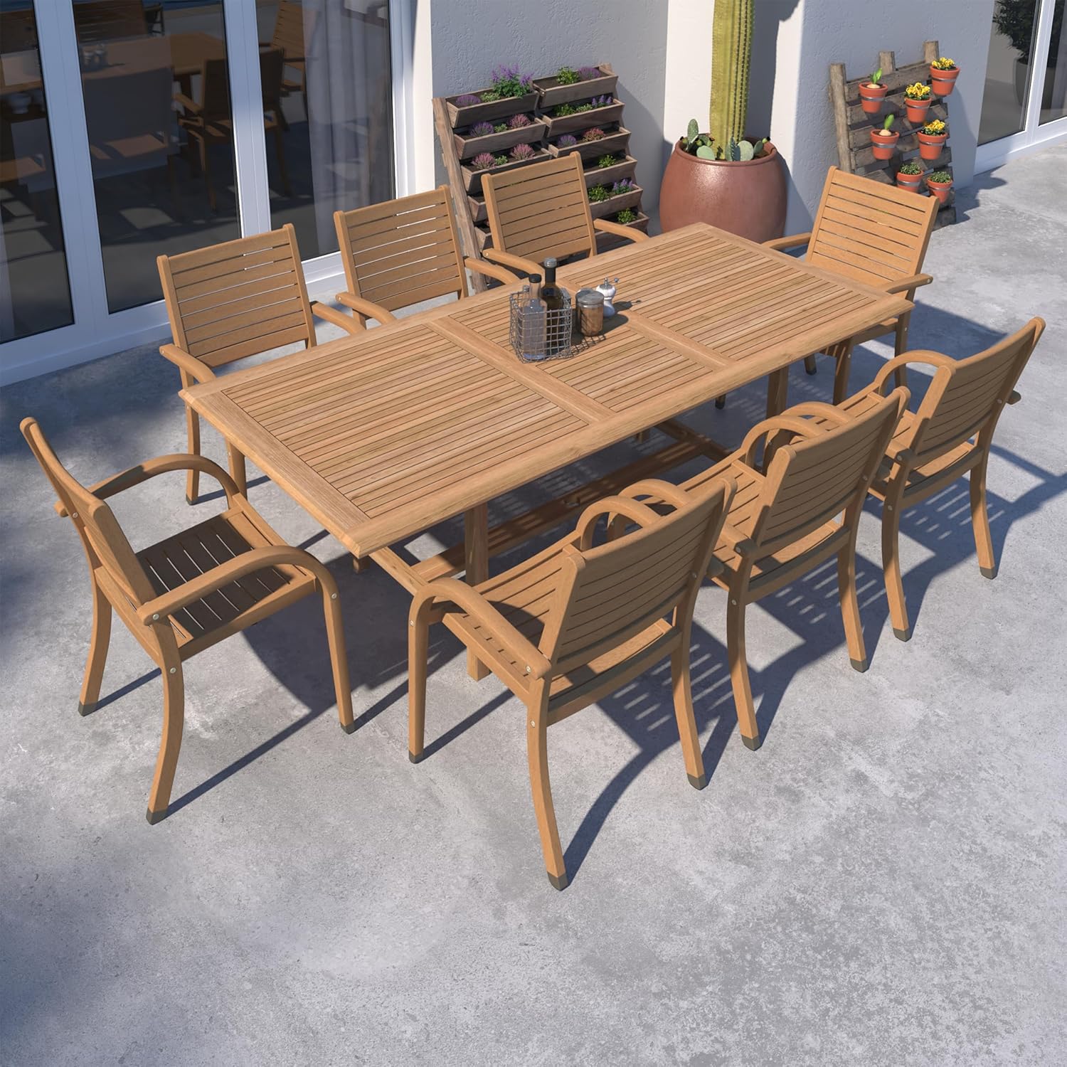 Urban Elements Mykonos 9-Piece Rectangular Patio Furniture Set | 100% Certified Teak | Backyard Furniture, Outside Table and Chairs, Rectangular Outdoor Dining Set