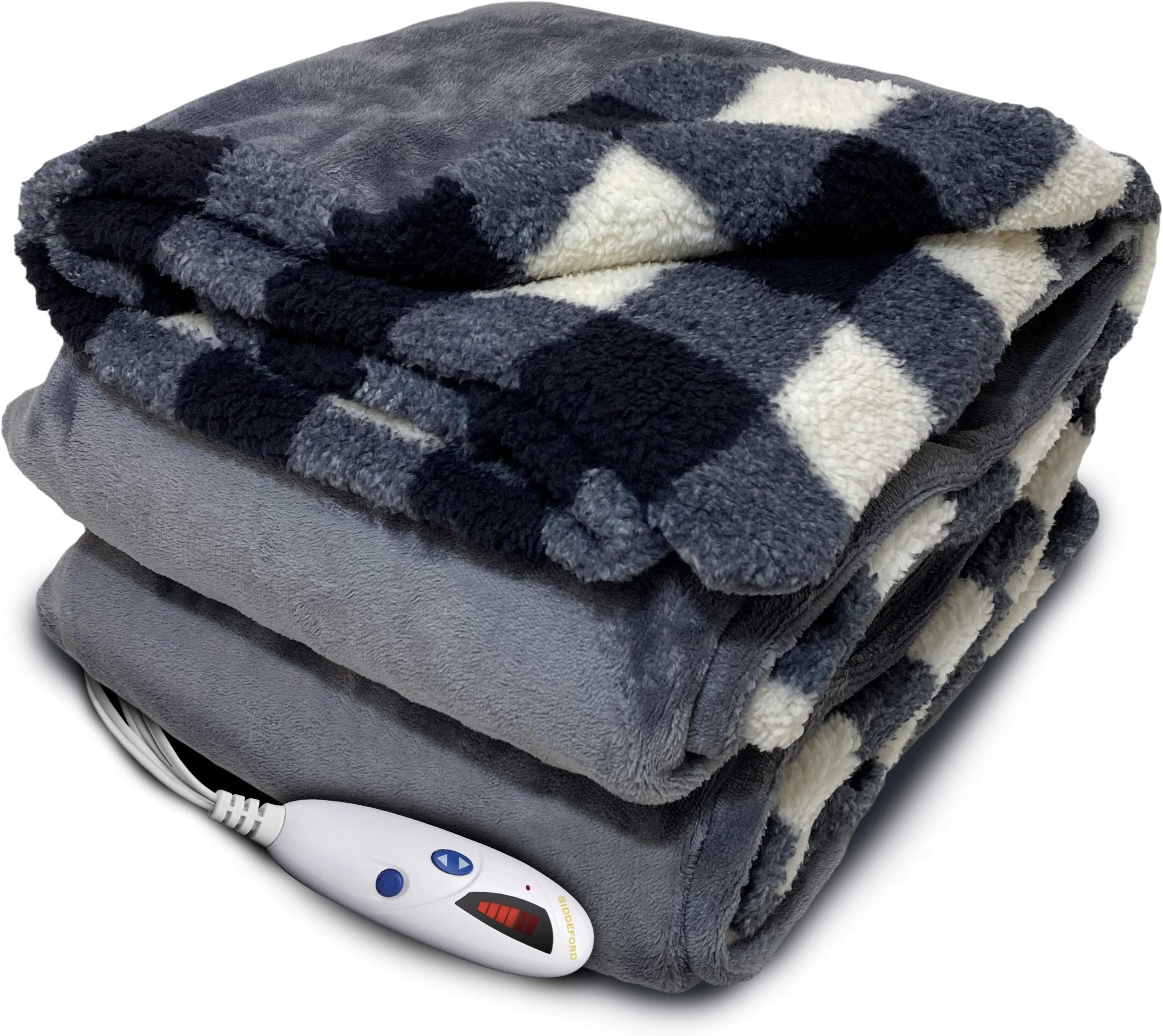 Biddeford Blankets Velour Sherpa Electric Heated Blanket with Digital Controller, Throw, Black/Cream Plaid Reversible to Grey