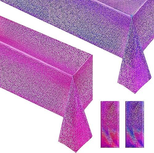 Mantel holográfico morado y rojo fucsia de 40 x 108 pulgadas, decoración de fiesta de San Valentín, cumpleaños, decoración de mesa de plástico