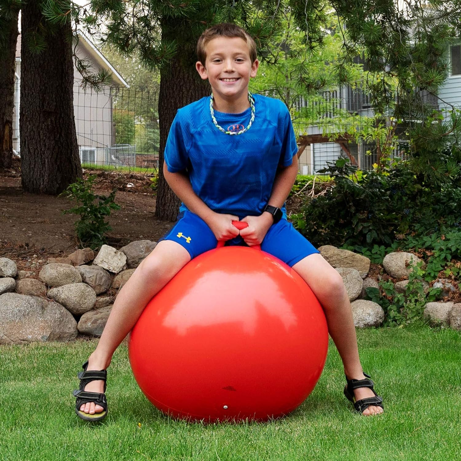 AppleRound Space Hopper Ball with Air Pump: 22in/55cm Diameter for Age 10-13, Kangaroo Bouncer, Hippity Hoppity Hop Ball for Taller Children, Plain Color (Red)