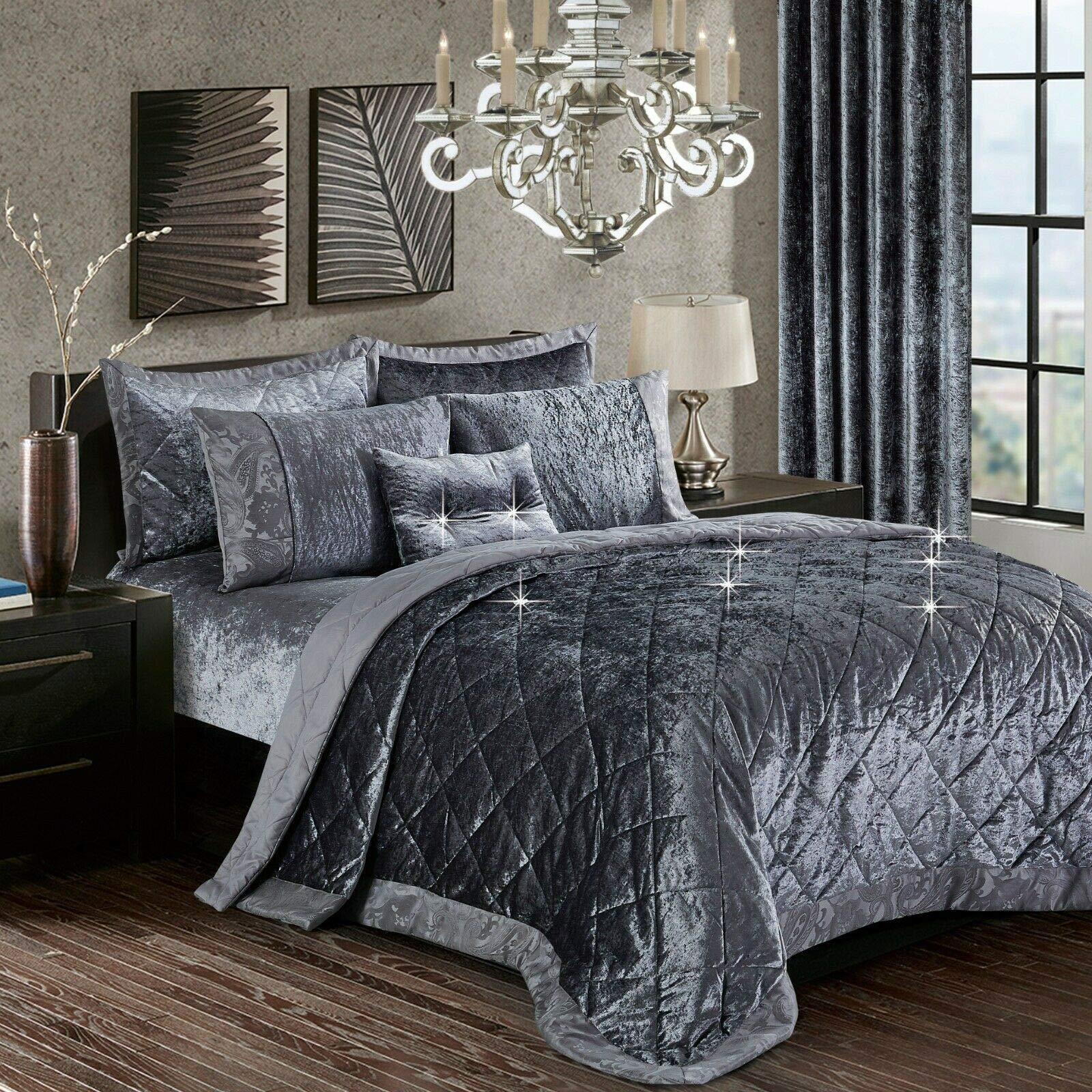 3 Piece Quilted Bedspread Crushed Velvet Comforter Luxury Bed Throw with Pillow Sham Bedding Set Grey King