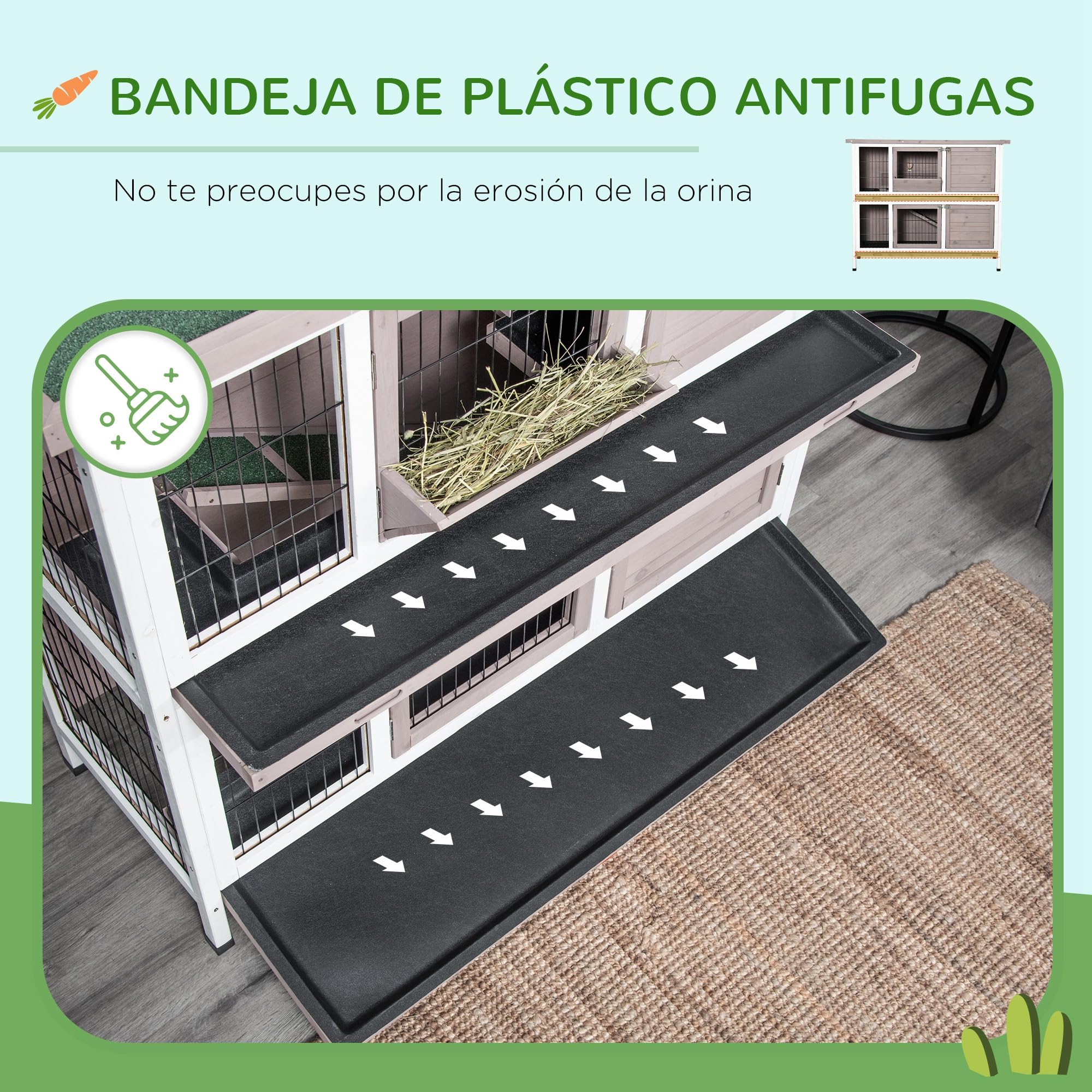 PawHut Conejera de Madera Jaula de 2 Niveles para 1-2 Conejos con Puertas Cerradura Bandejas Extraíbles y Comedero para Exterior 122x50x101 cm Marrón