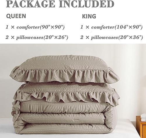 Miniatura 5 de Juego de edredón de sirsaca gris pardo tamaño King con bordes con volantes, juego de ropa de cama ultrasuave de color gris pardo de 3 piezas, juego