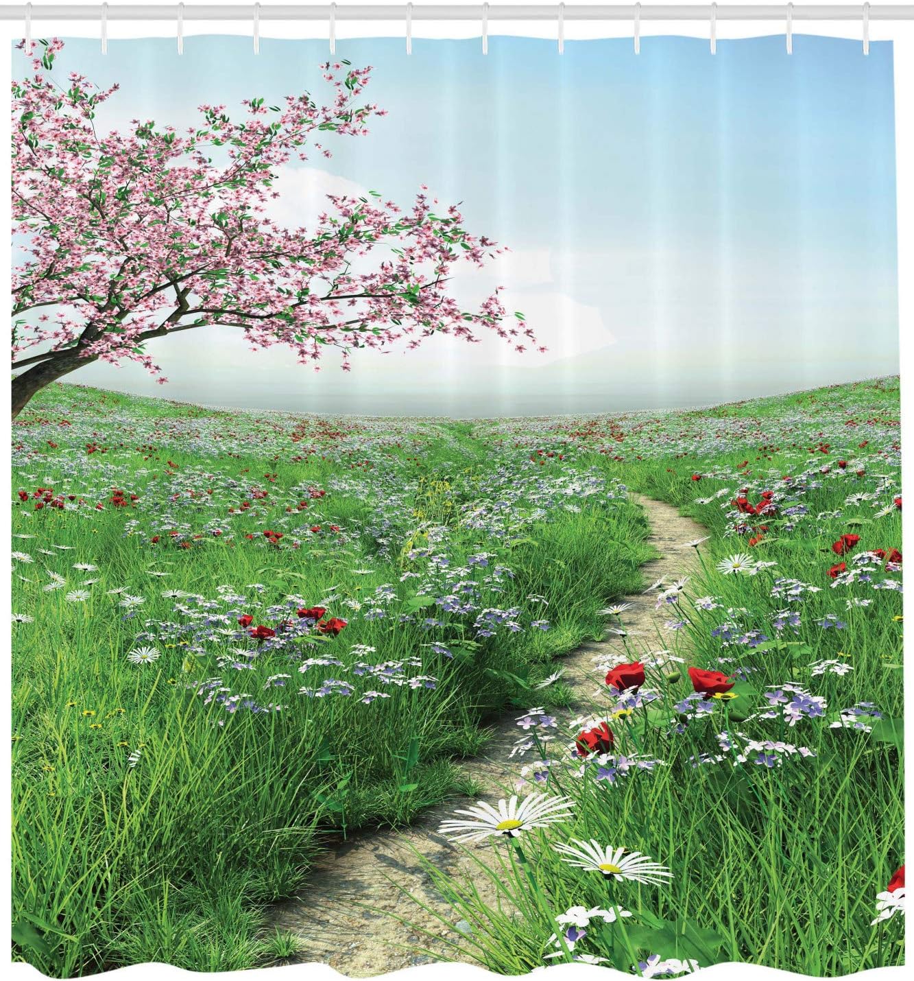 Ambesonne Flower Shower Curtain, Spring Pathway of Cherry Blossoms Trees and Wildflowers on a Grassland Country Village Nature, Cloth Fabric Bathroom Decor Set with Hooks, 69" W x 84" L, Green Sky