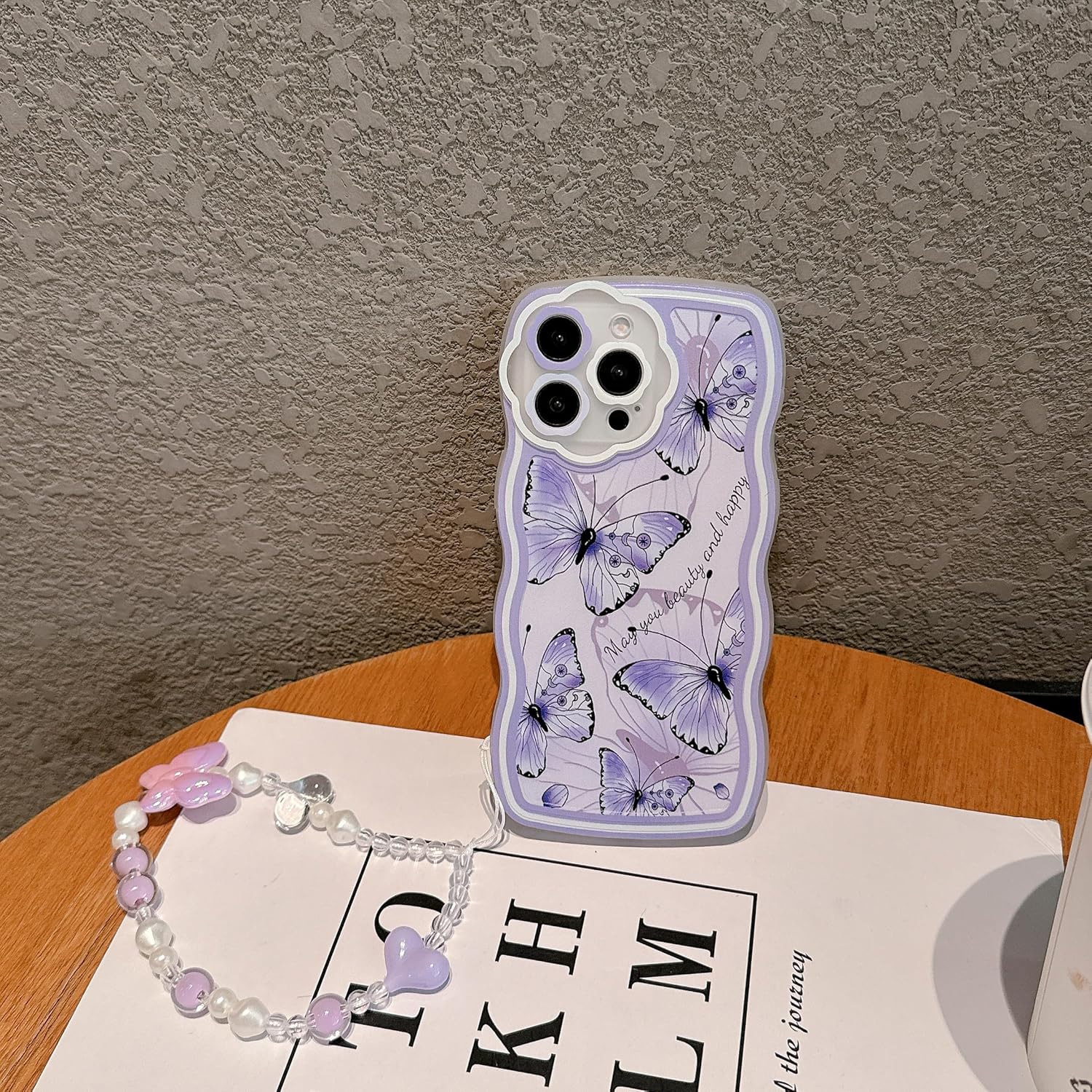 Compatible with iPhone 13 Pro max case,cute wavy edge design with purple butterfly pattern,with big butterfly bracelet,made of soft,eco-friendly and durable TPU material,suitable for women, girls - Image 5