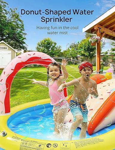 Vista 35 de EVAJOY - Centro de juegos inflable, piscina infantil con tobogán para niños, aspersor, tema de hielo y nieve con muñecas inflables, fácil