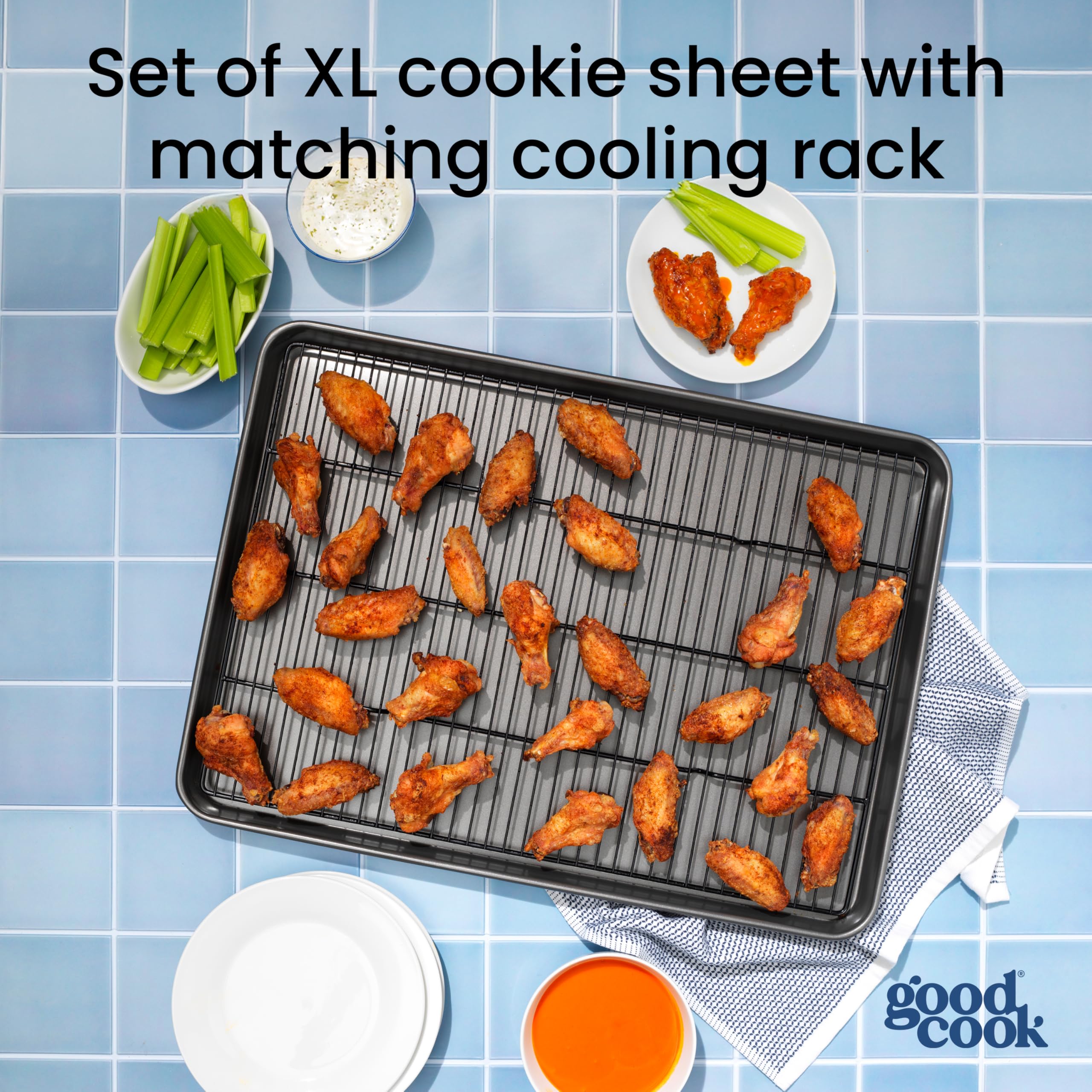 GoodCook Everyday XL Keksblech & Kühlgitter Set, verwindungs- und kratzfest, spülmaschinenfeste Stahlkonstruktion für gleichmäßiges Backen, Mehrzweck-Backform mit Kühlgitter, 54 x 39 cm, Grau