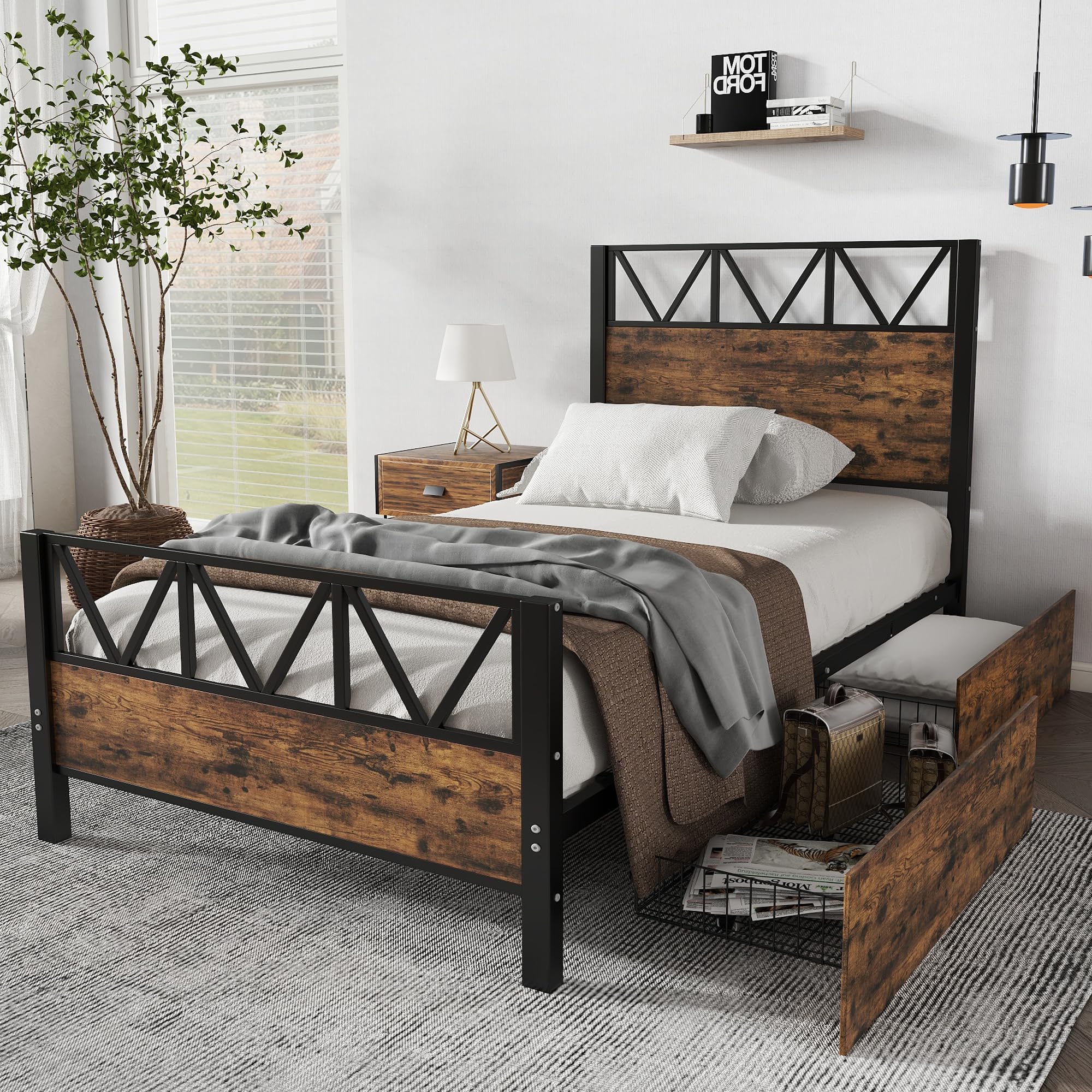 Merax Single bed frame with Storage, 3FT Single Metal Bed with 2 Drawers, Durable and Sturdy, Storage bed for adults & teenagers(No Mattress), Black+Walnut/90CM*190CM
