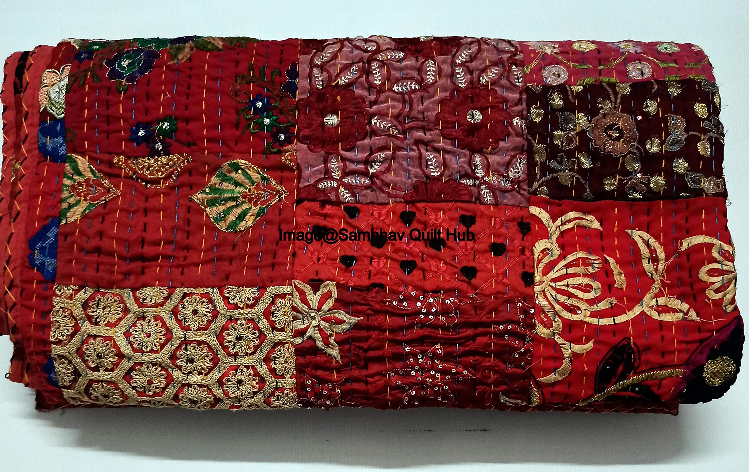 Khambadiya Kantha - Colcha con 2 fundas de almohada, diseño indio, color rojo