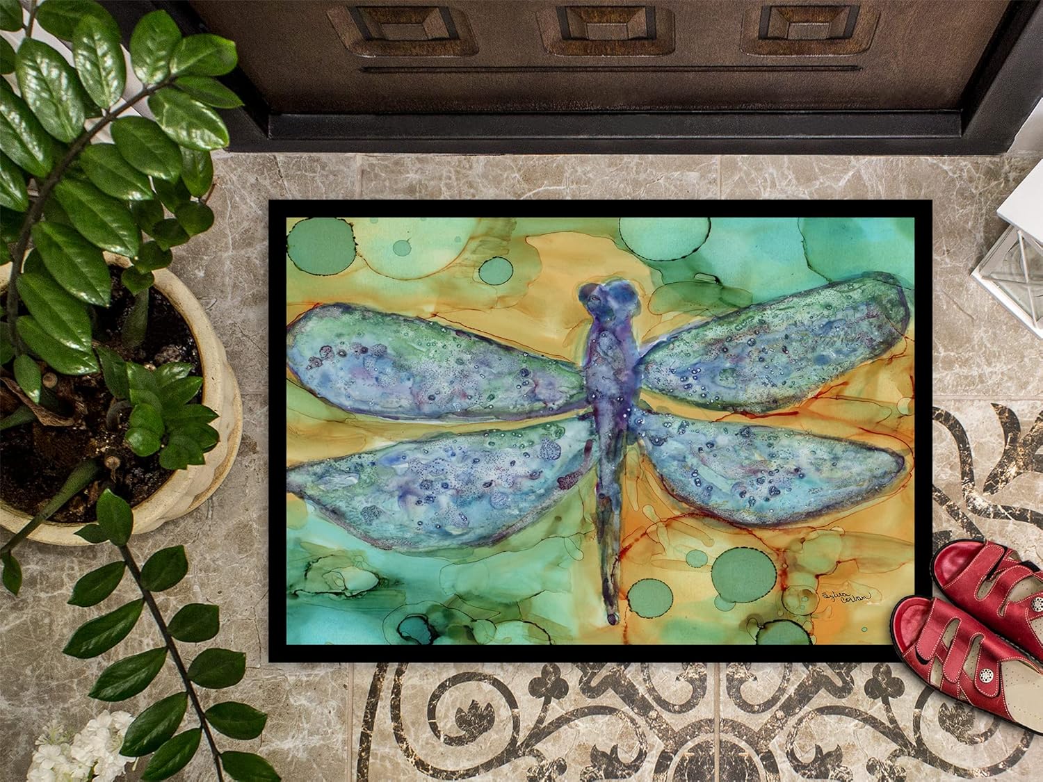 Caroline's Treasures 8967JMAT Abstract Dragonfly Doormat 24x36 Front Door Mat Indoor Outdoor Rugs for Entryway, Non Slip Washable Low Pile, 24H X 36W