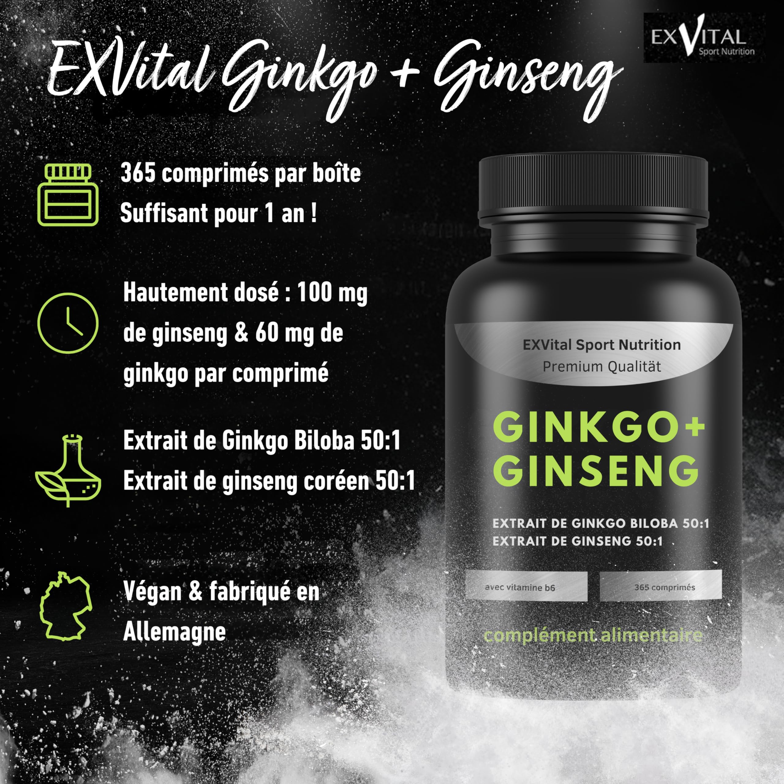EXVital® Ginkgo + Ginseng, 365 comprimés, extraits de plantes 50:1, hautement dosé – Ginkgo Biloba & Ginseng coréen – Testé en laboratoire – Végan