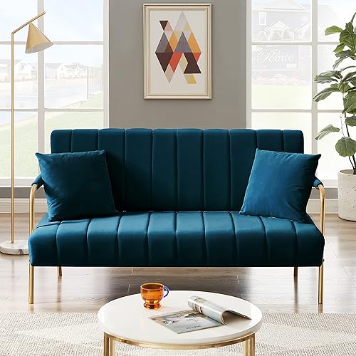 Majnesvon 61" Modern Loveseat Sofa Couch,Cashmere Fabric Small Love Seat w/2 Pillows and Metal Legs,2-Seater Upholstered Mini Sofa Couches for Small Space,Living Room Bedroom Apartments (Dark Blue)