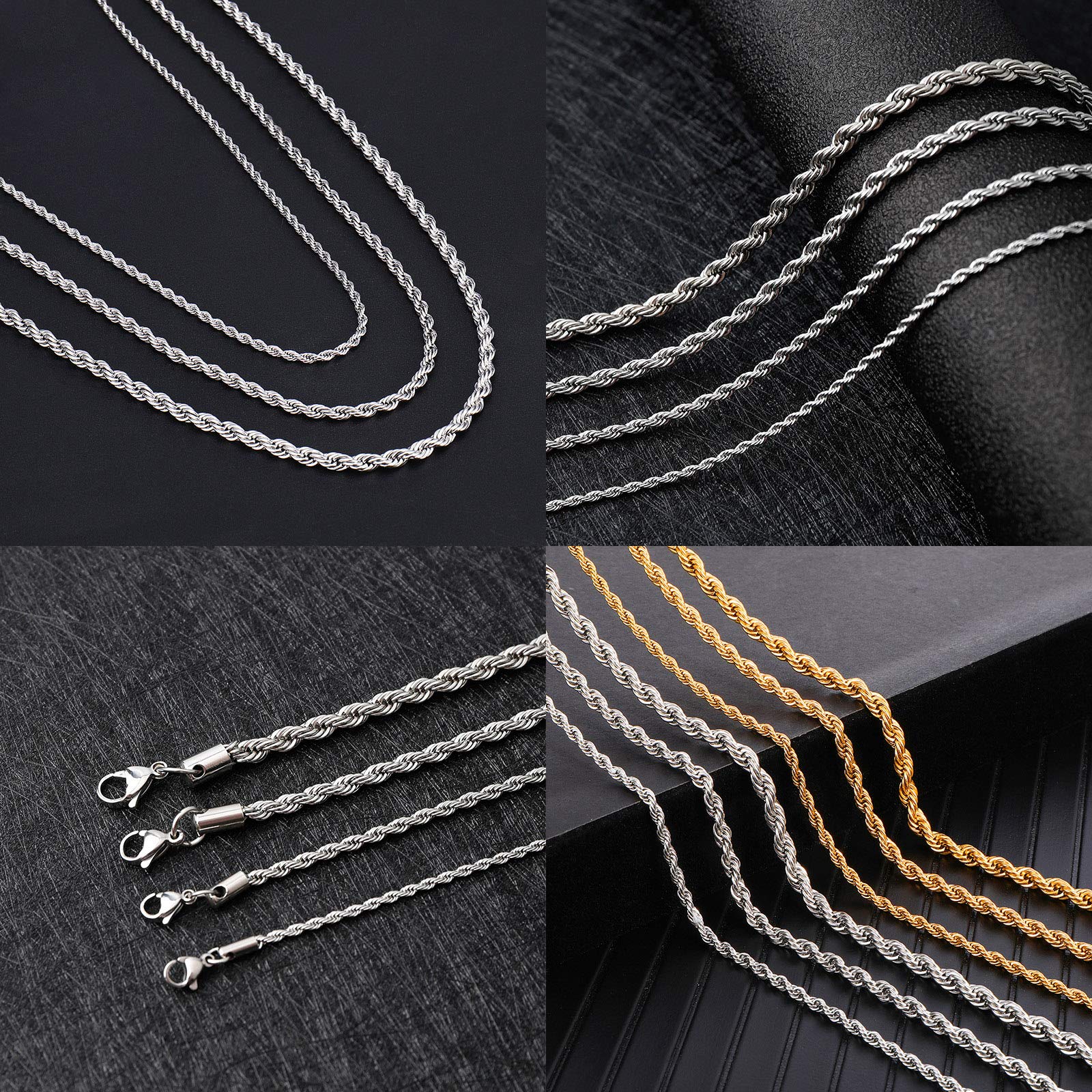 OSTAN Collana da Uomo Donna Catena di Corda Intrecciata Collegamento in Acciaio Inossidabile Larghezza 2.0-5.0 MM Lunghezza 45-80 CM Argento