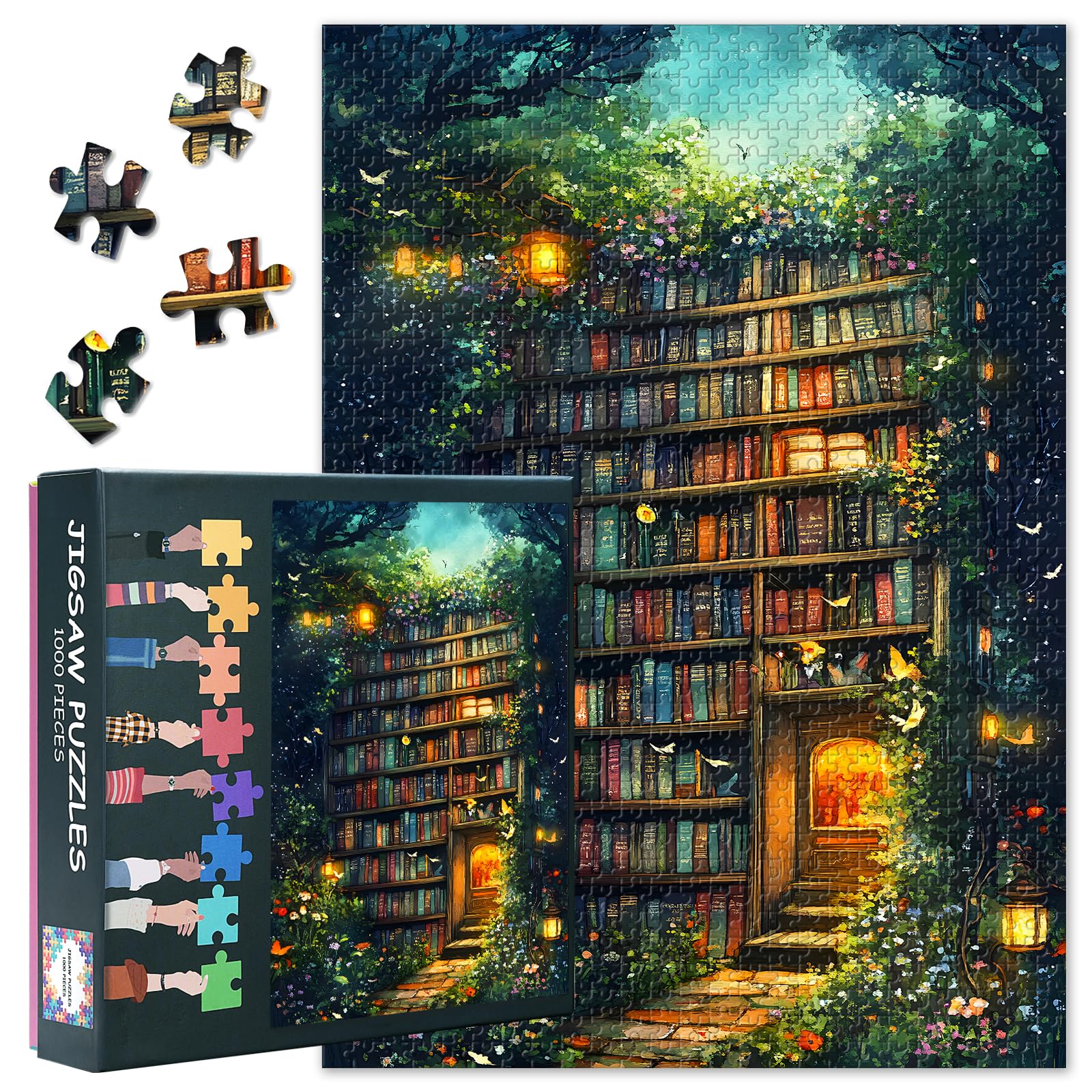 Enchanting Book Tower Jigsaw Puzzle 1000 Pieces for Adults Lush Garden Fantasy Scene Detailed Landscape Art Puzzle Family Activity Challenge 27.5x19.7 Inch