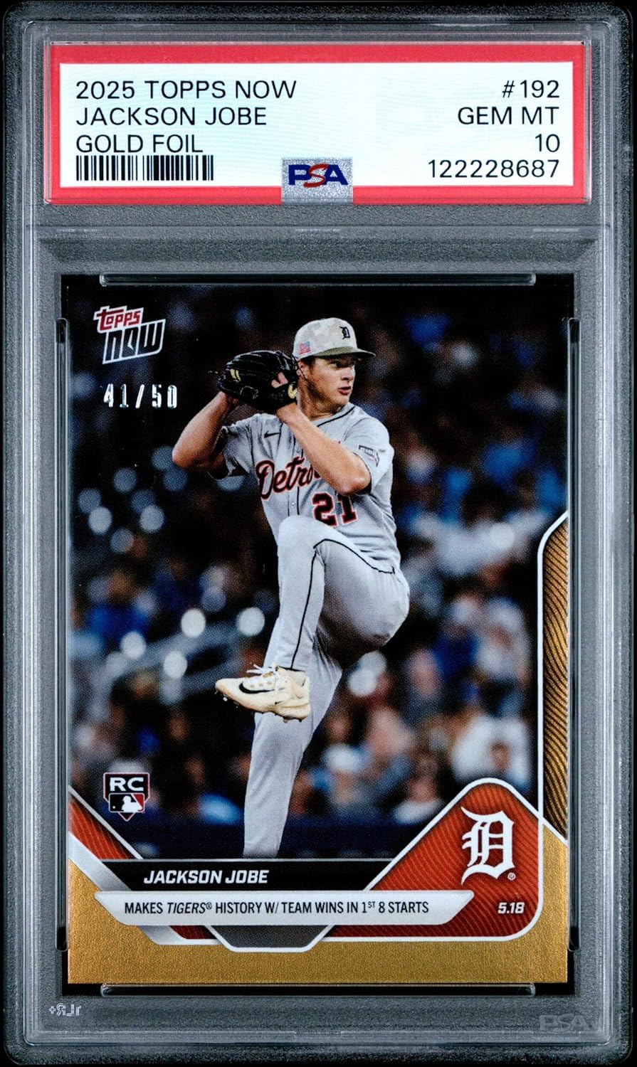 Graded 2025 Topps Now Jackson Jobe #192 Gold Foil /50 Rookie RC Baseball Card PSA 9 Mint