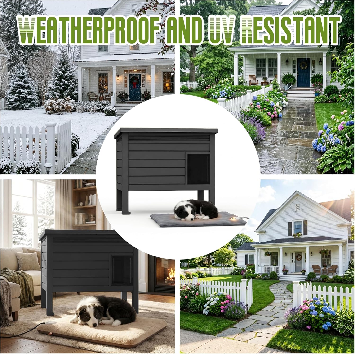DRATO Indoor & Outdoor Resin Dog House with Raised Floor, Heated Pad and Easy Assembly - Small Breed Shelter Featuring Louvered Vents, Spiked Legs, and Sloped Roof,Black