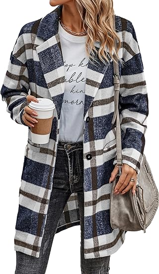 PRETTYGARDEN Women Plaid Shacket Jacket Trendy Fall Casual Button Wool Blend Tartan Trench Coat Winter Clothing with Pockets