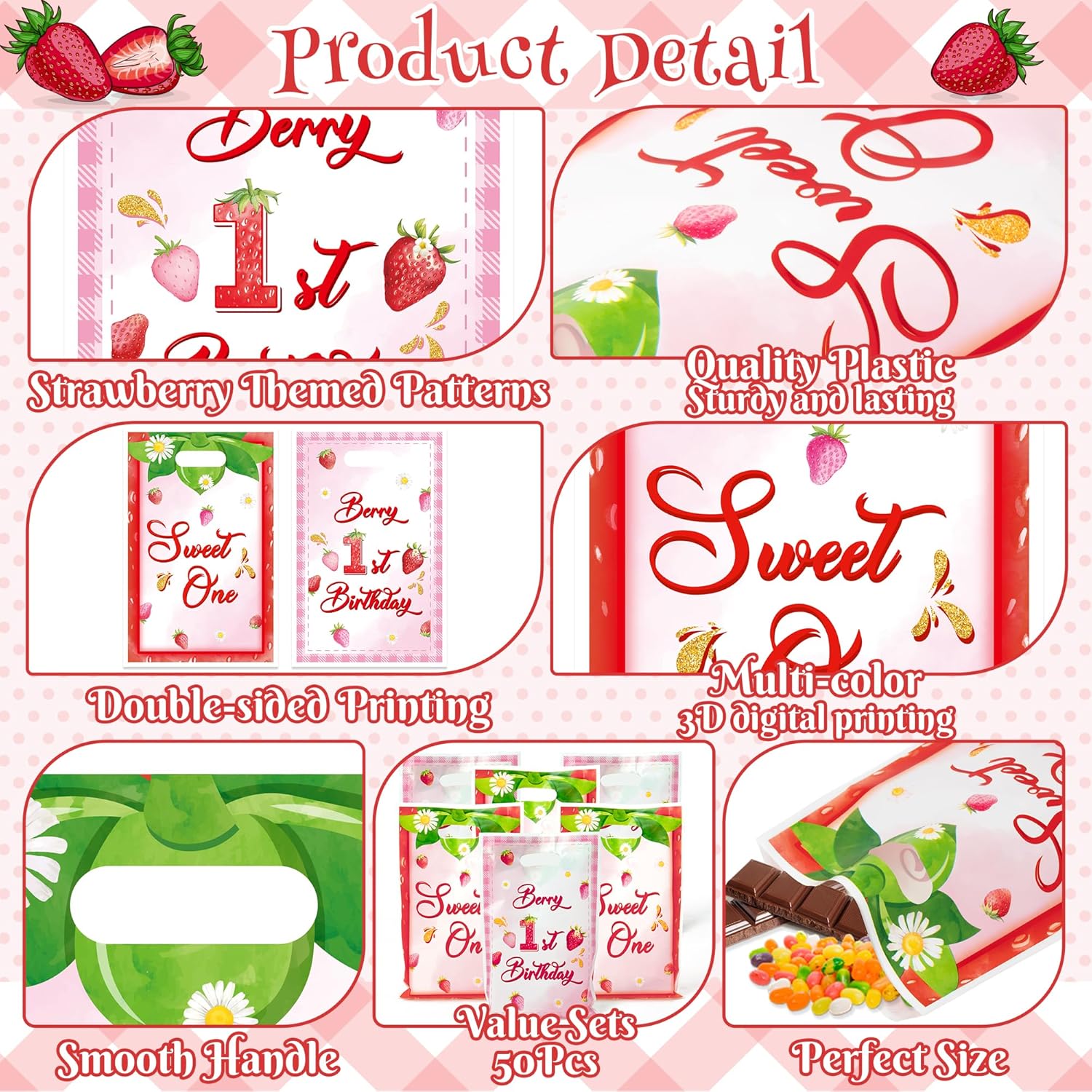 ArianQicult Berry First Birthday Party Favor Bags - 50Pcs Strawberry Sweet One Goody Candy Treat Gift Bags 1st Birthday Party Decorations for Kids Boys Girls Baby Shower Party Supplies
