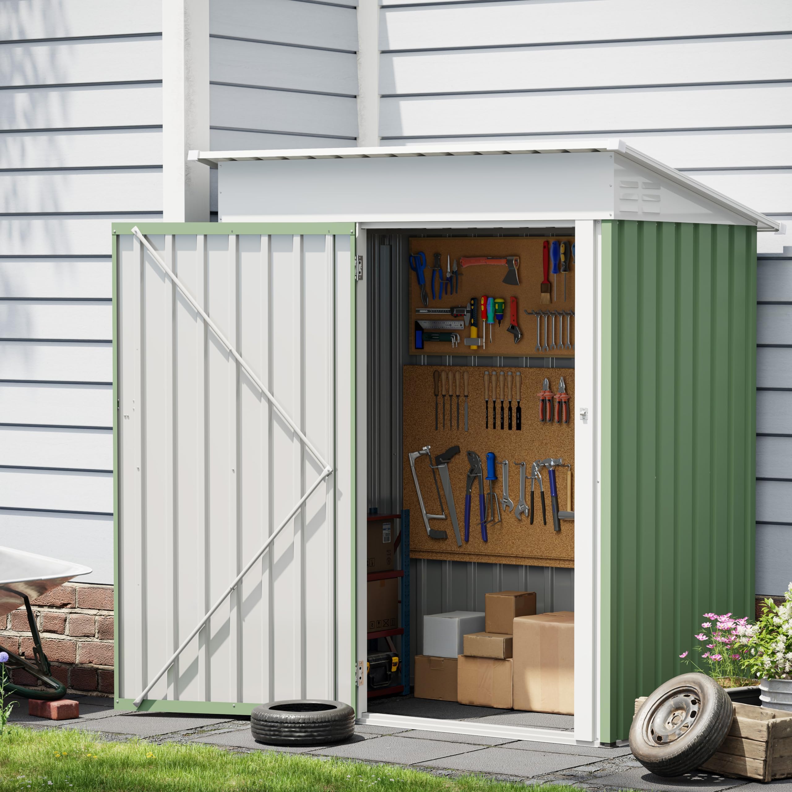 UDPATIO Outdoor Garden Storage Metal Shed 5x3 FT for Firewood,Garbage Can,Tools,Lawnmower,Bike Shed Waterproof Log Store for Backyard Patio,Galvanized Steel with Lockable Door, Green